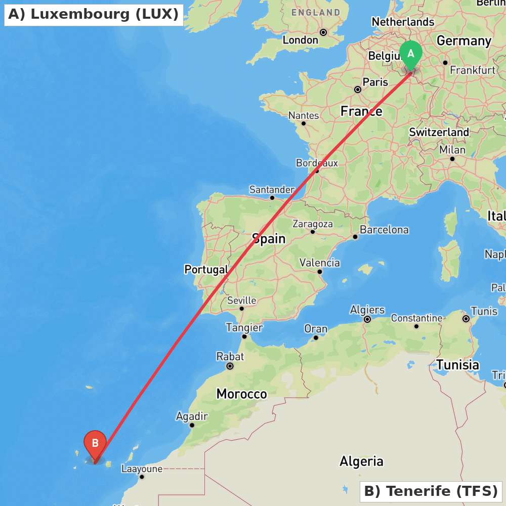 Flight route map from Luxembourg to Tenerife