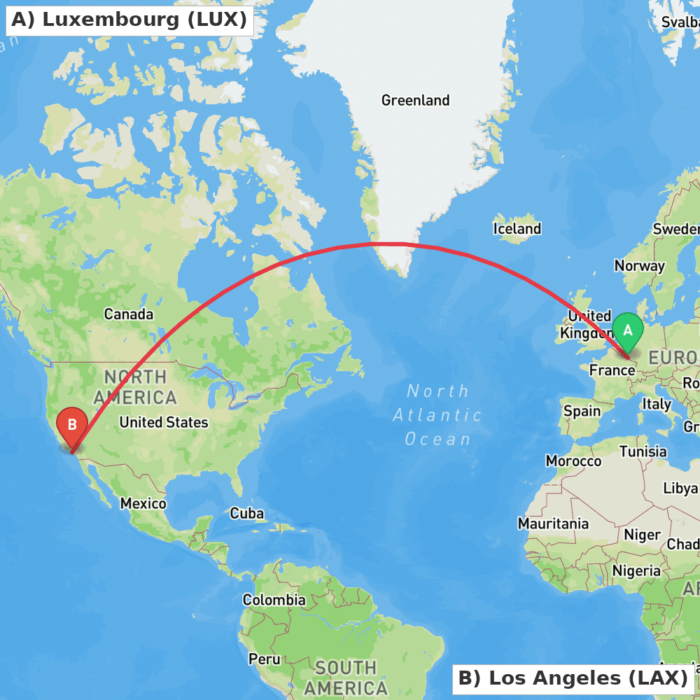 Flight route map from Luxembourg to Los Angeles