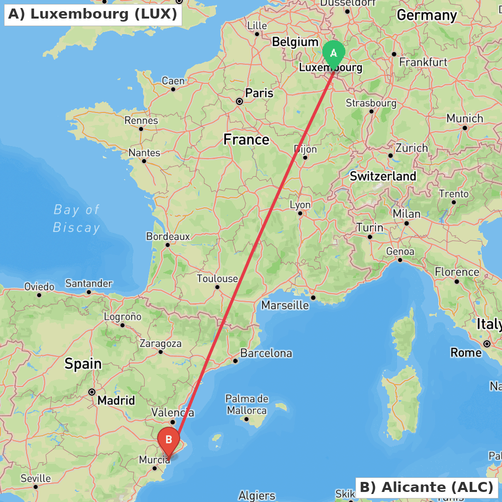 Flight route map from Luxembourg to Alicante
