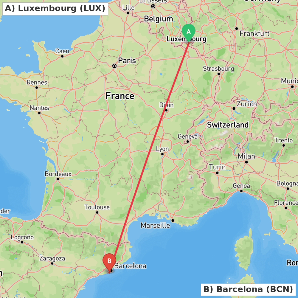 Flight route map from Luxembourg to Barcelona