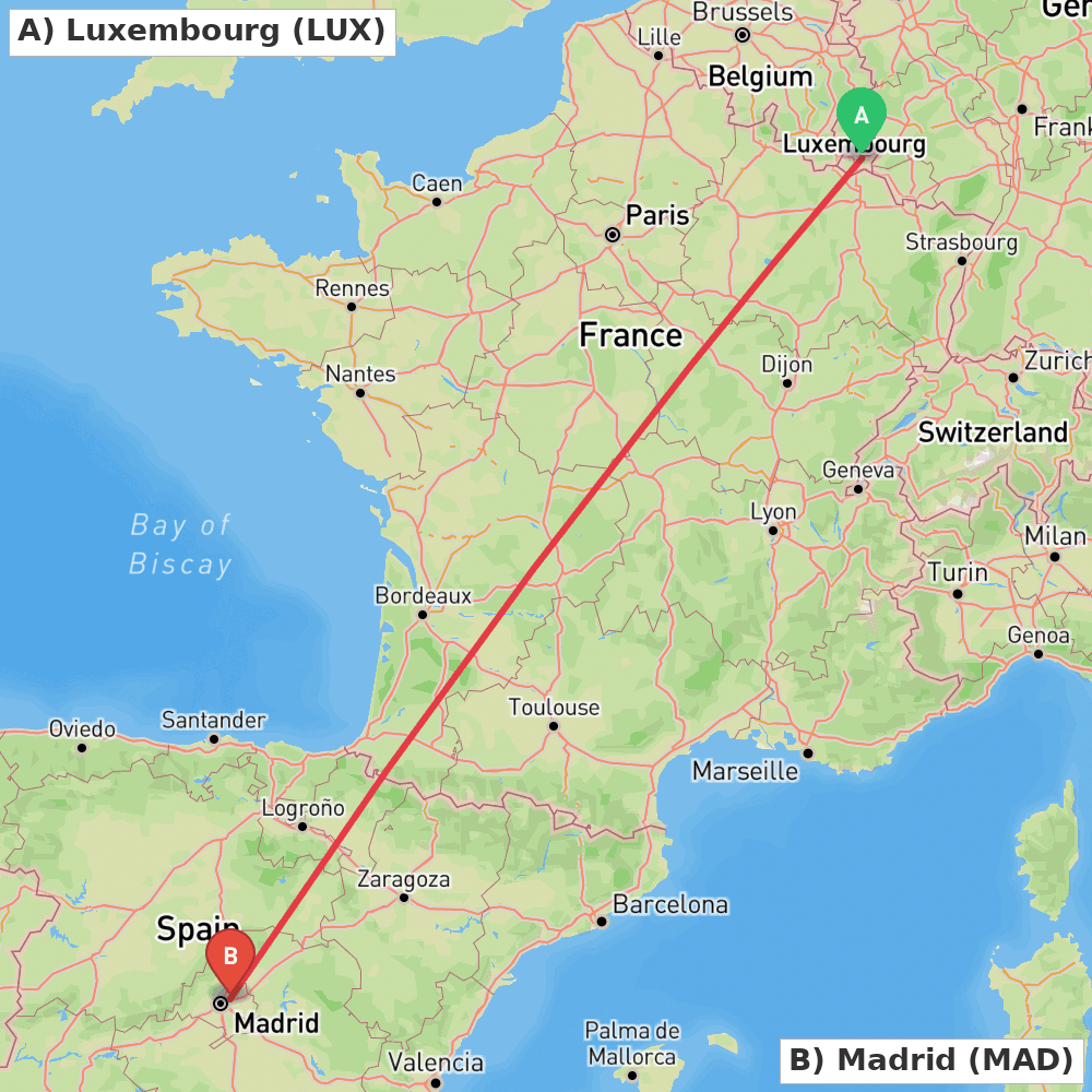 Flight route map from Luxembourg to Madrid