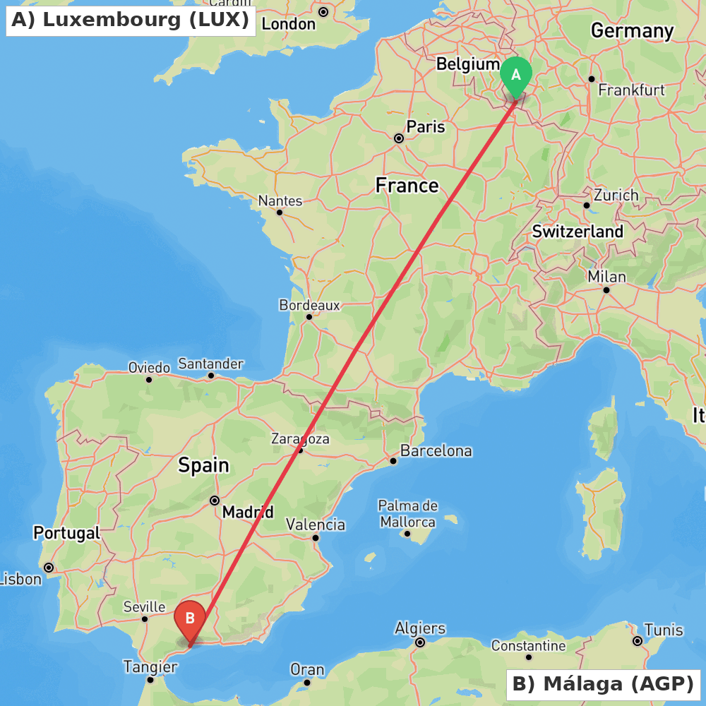 Flight route map from Luxembourg to Málaga