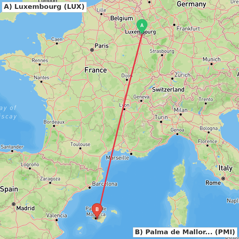 Flight route map from Luxembourg to Palma de Mallorca