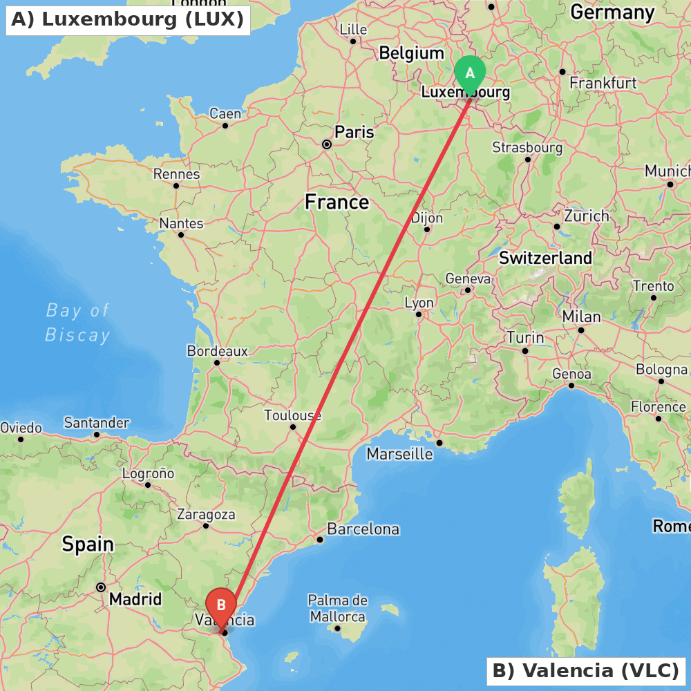 Flight route map from Luxembourg to Valencia