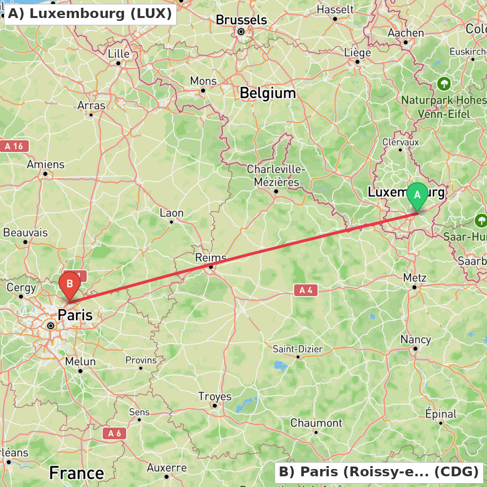 Flight route map from Luxembourg to Paris (Roissy-en-France, Val-d'Oise)