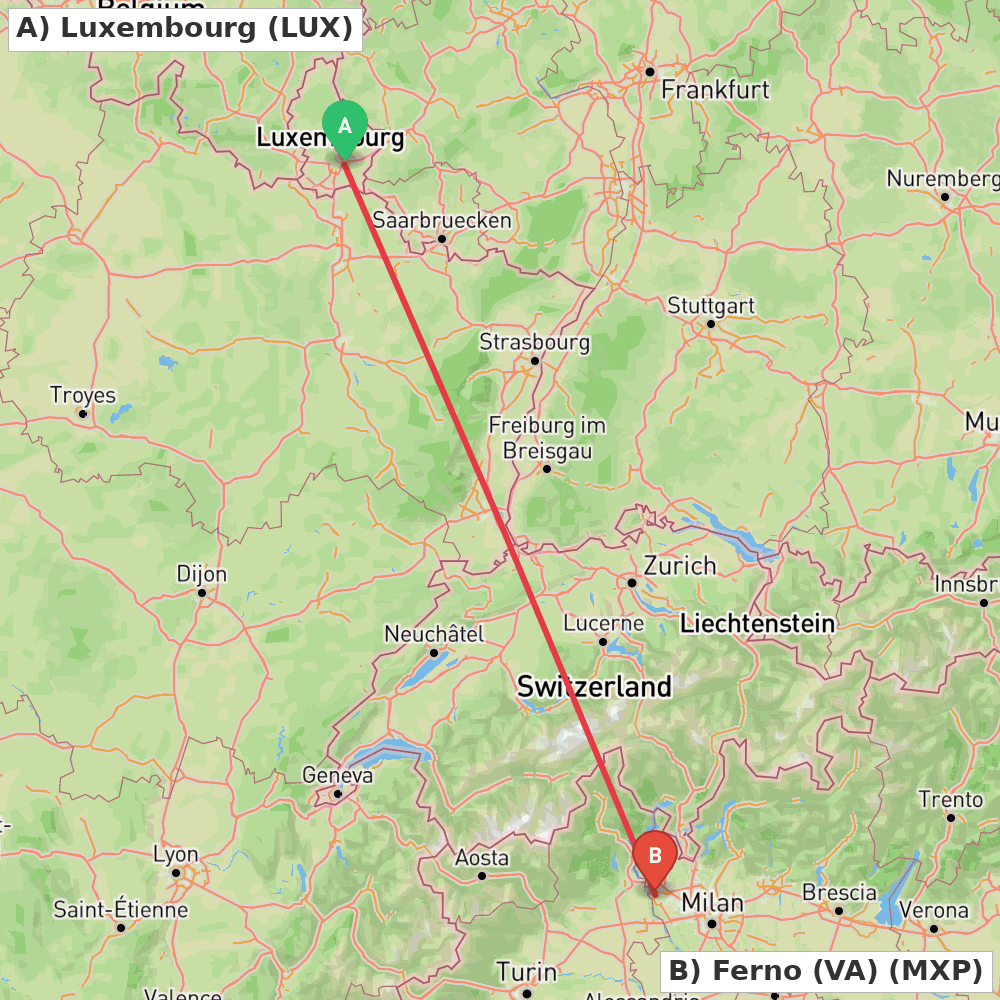 Flight route map from Luxembourg to Ferno (VA)