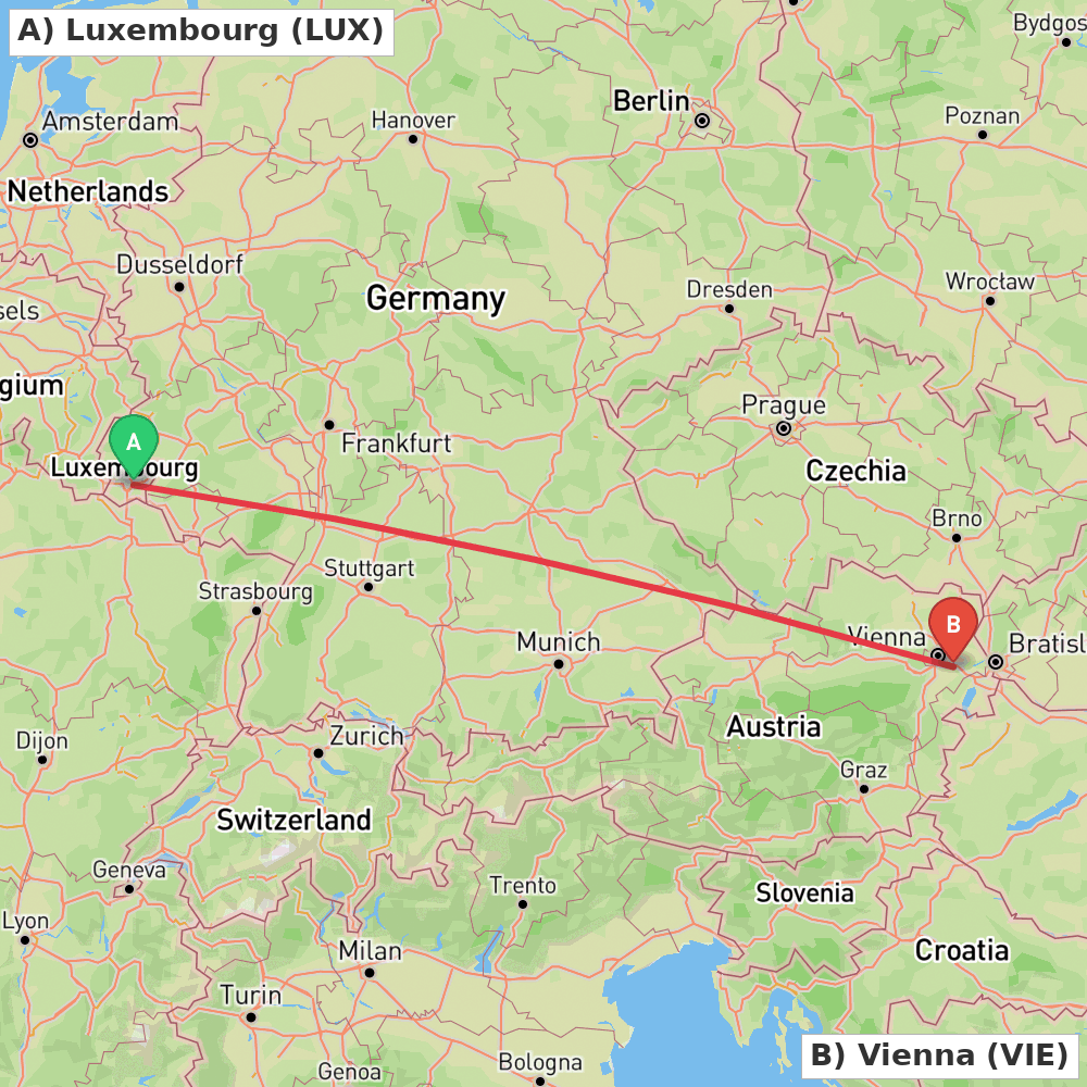 Flight route map from Luxembourg to Vienna