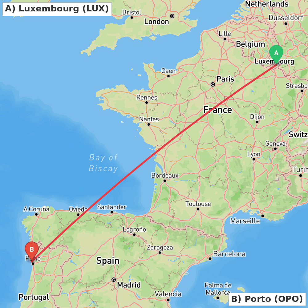 Flight route map from Luxembourg to Porto