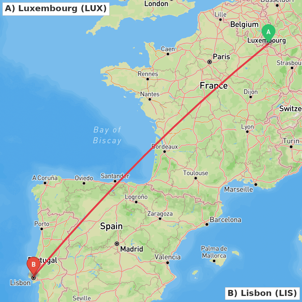 Flight route map from Luxembourg to Lisbon