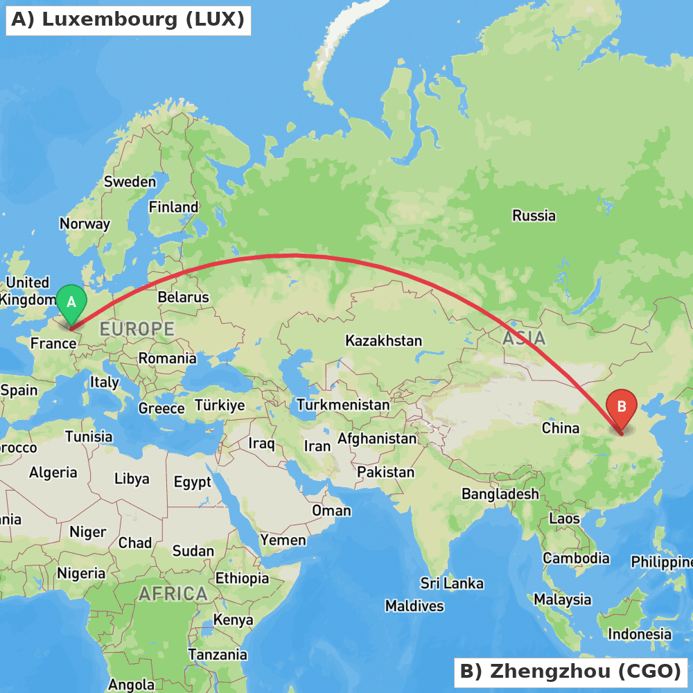 Flight route map from Luxembourg to Zhengzhou