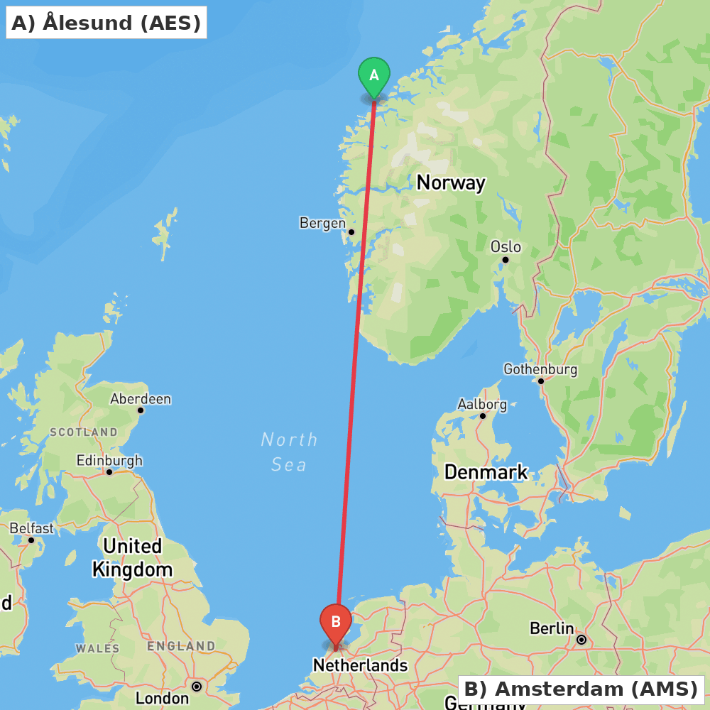 Flight route map from Ålesund to Amsterdam