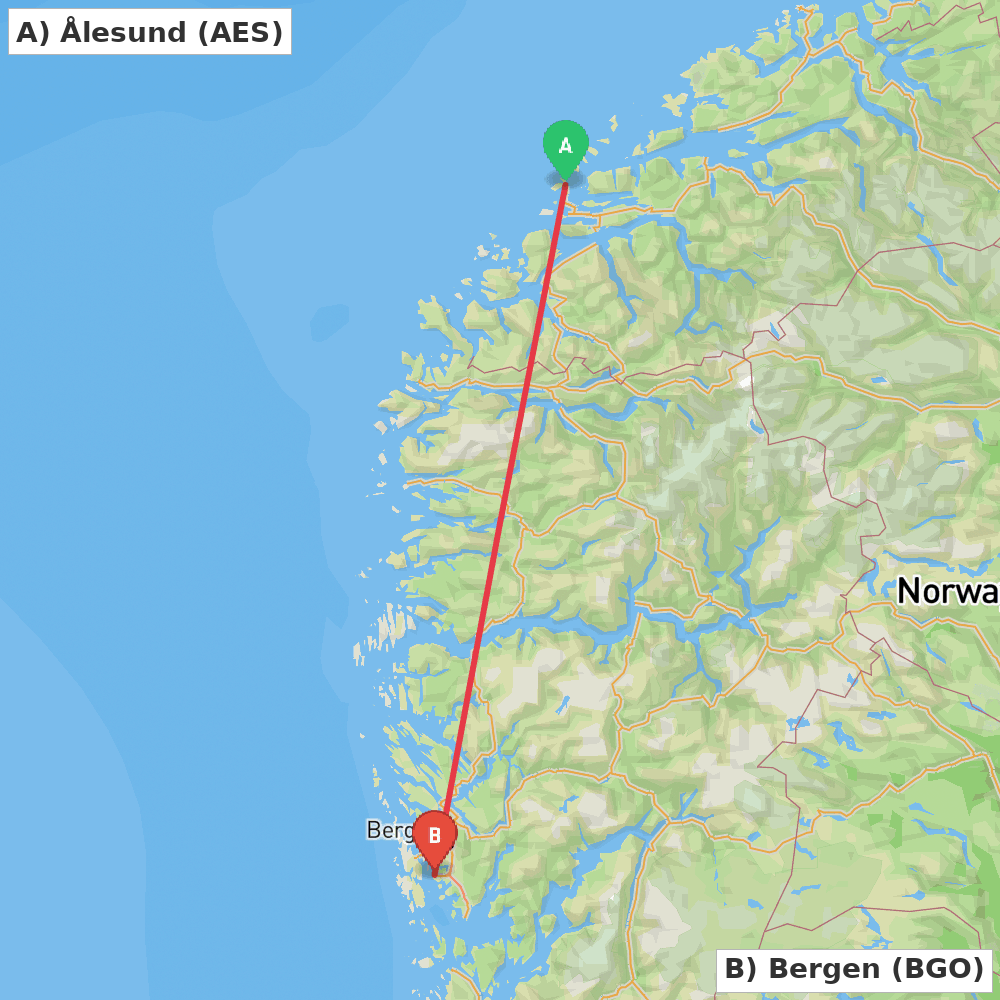 Flight route map from Ålesund to Bergen