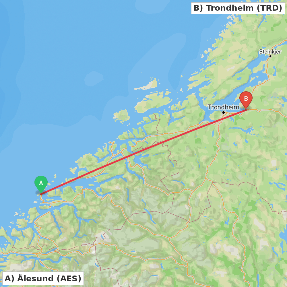 Flight route map from Ålesund to Trondheim