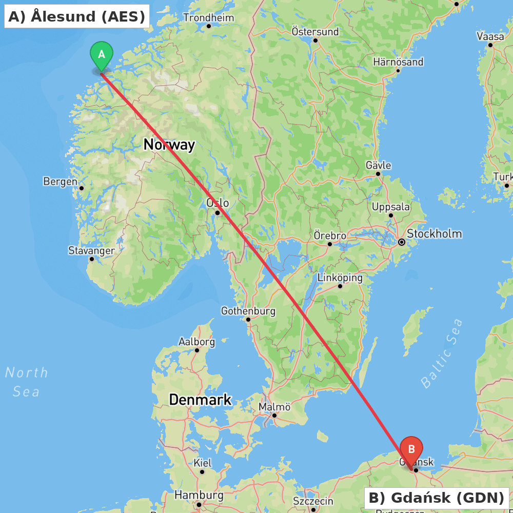 Flight route map from Ålesund to Gdańsk