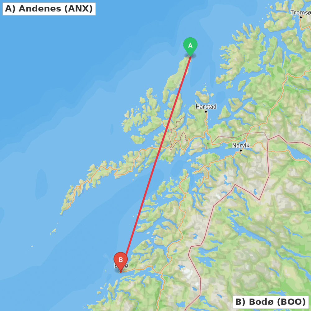 Flight route map from Andenes to Bodø