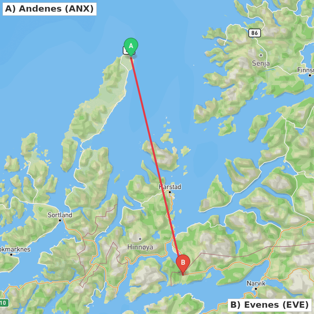 Flight route map from Andenes to Evenes