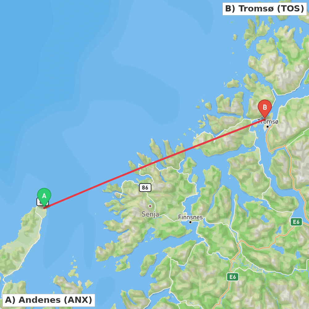 Flight route map from Andenes to Tromsø