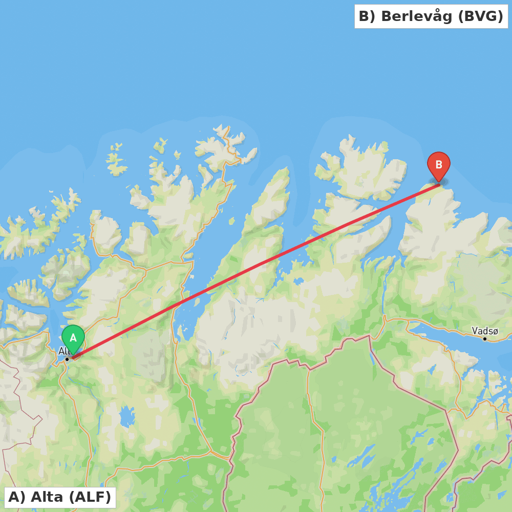 Flight route map from Alta to Berlevåg