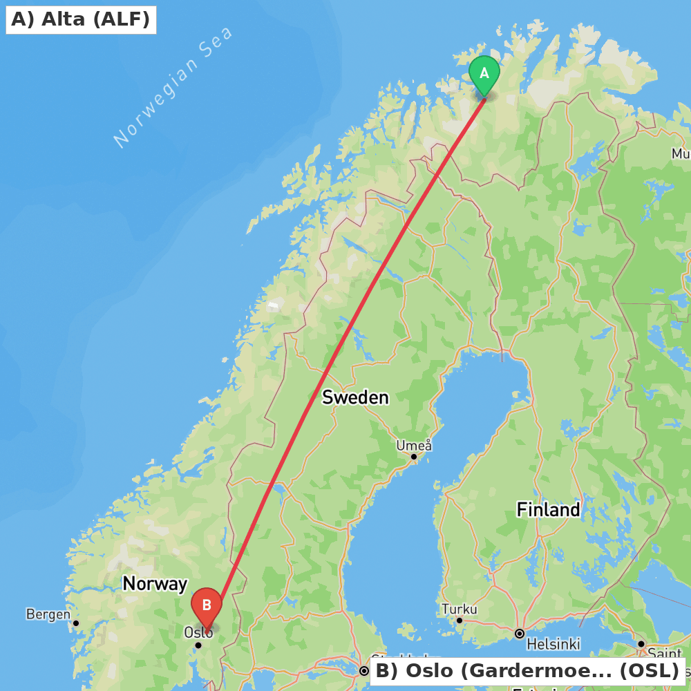 Flight route map from Alta to Oslo (Gardermoen)