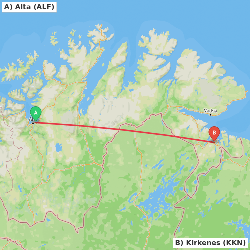 Flight route map from Alta to Kirkenes