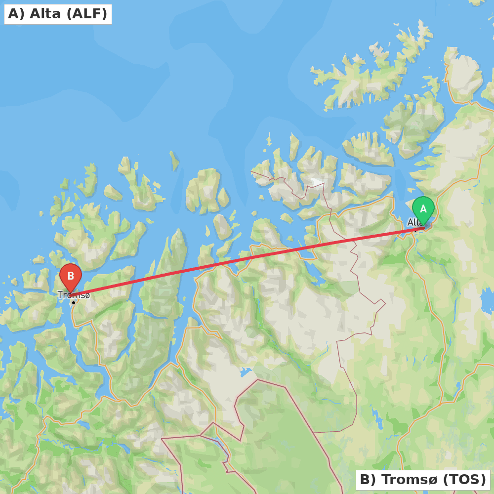 Flight route map from Alta to Tromsø
