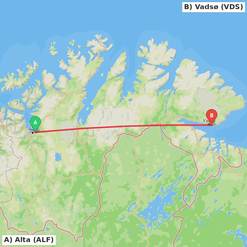 Flight route map from Alta to Vadsø