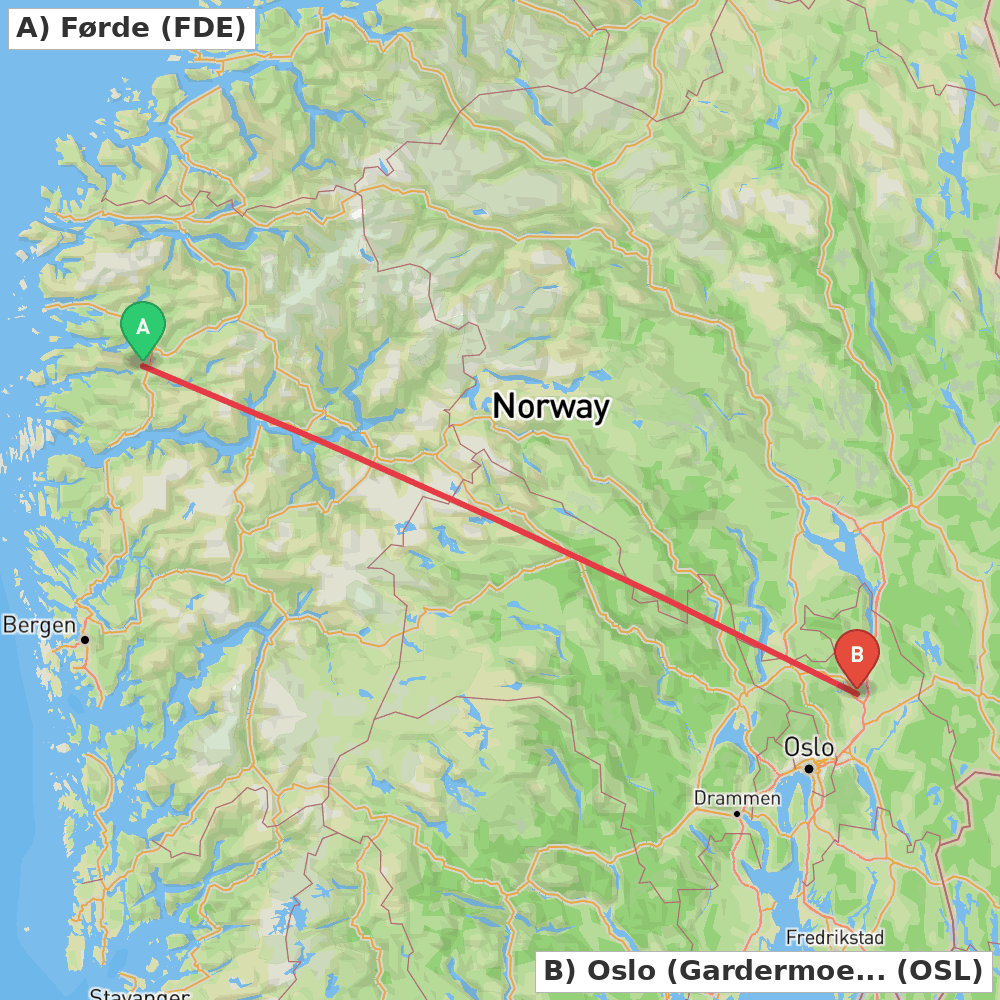 Flight route map from Førde to Oslo (Gardermoen)