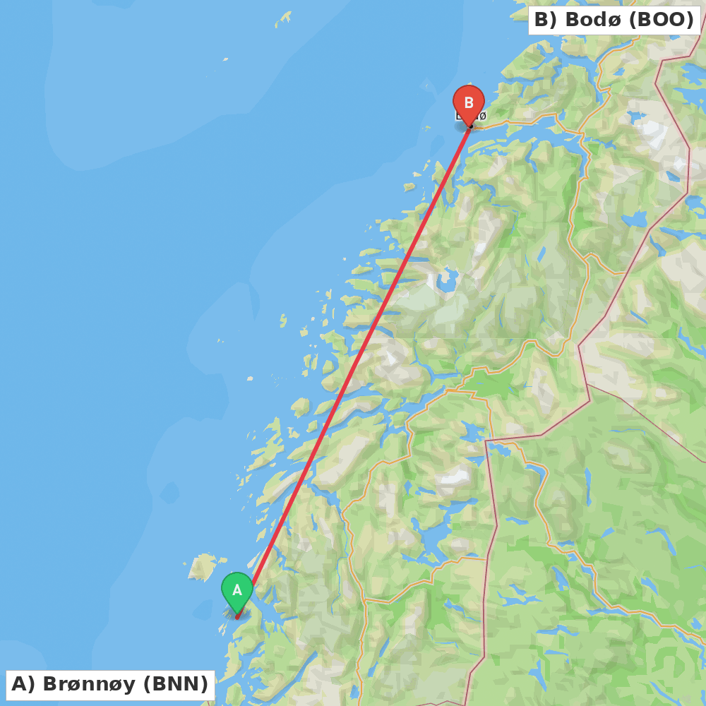 Flight route map from Brønnøy to Bodø