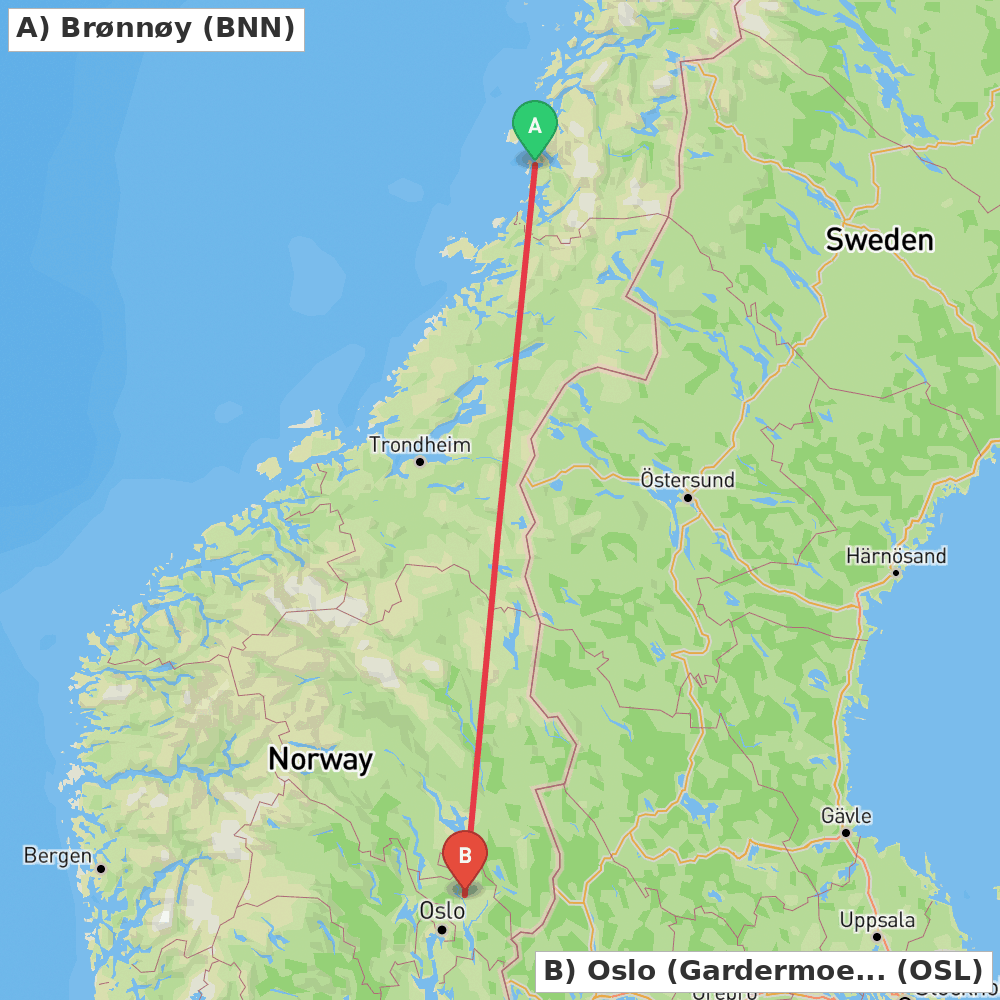 Flight route map from Brønnøy to Oslo (Gardermoen)