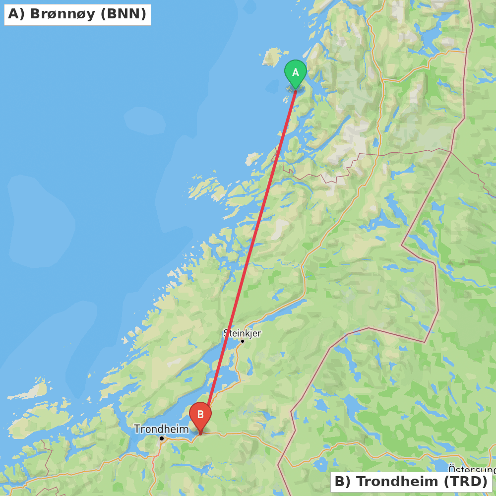 Flight route map from Brønnøy to Trondheim