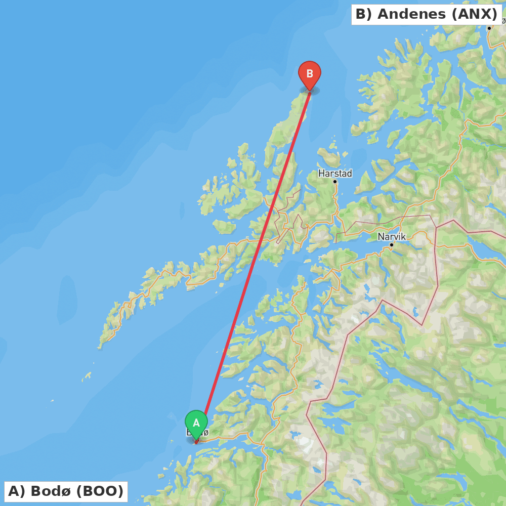 Flight route map from Bodø to Andenes