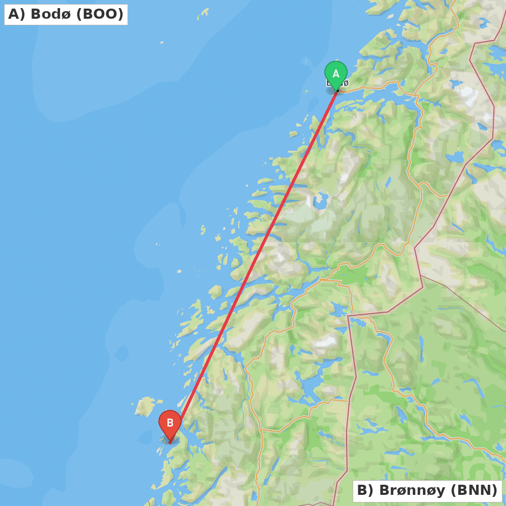 Flight route map from Bodø to Brønnøy