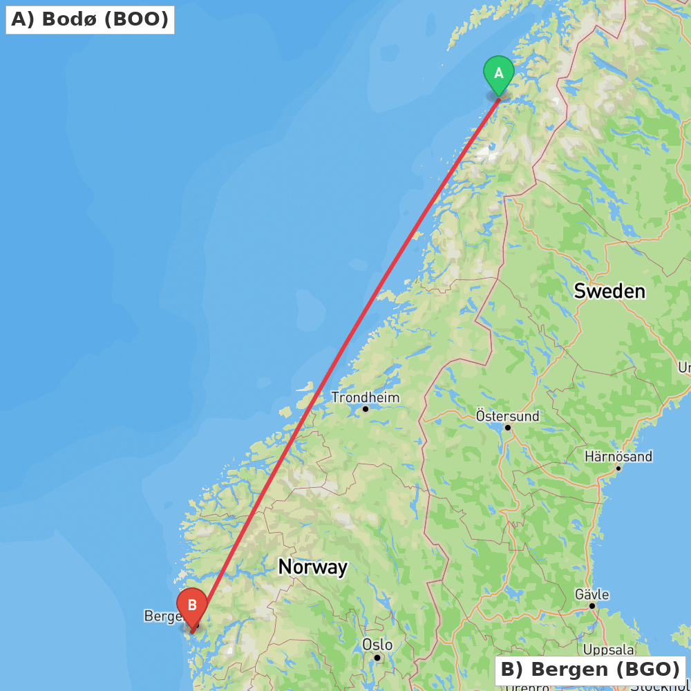 Flight route map from Bodø to Bergen