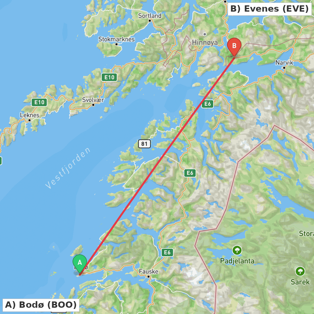 Flight route map from Bodø to Evenes