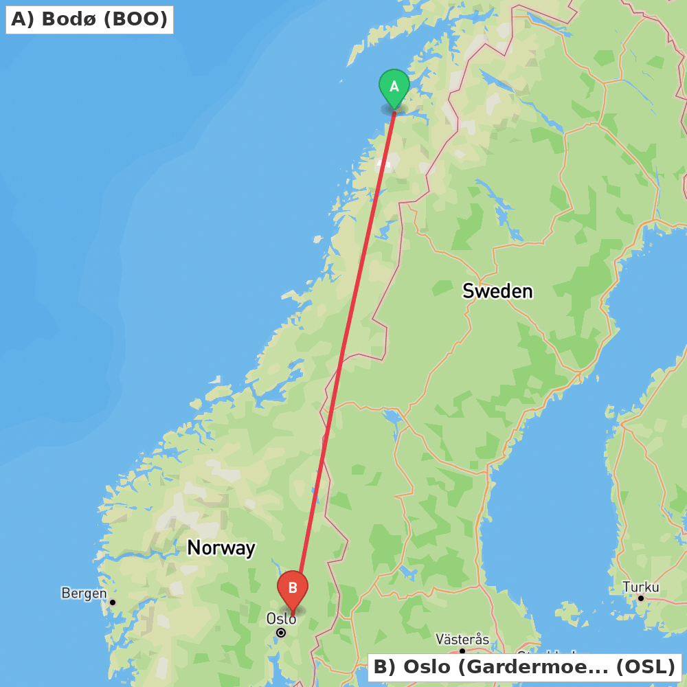 Flight route map from Bodø to Oslo (Gardermoen)
