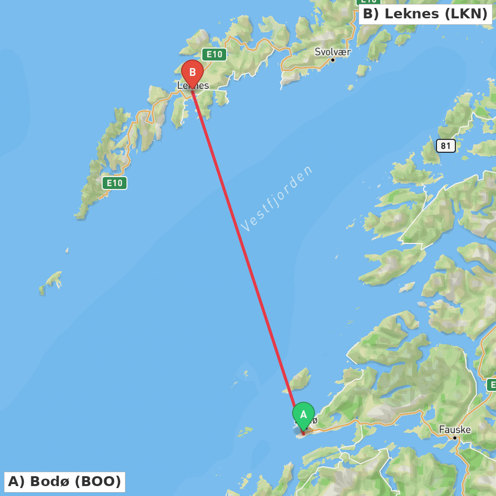 Flight route map from Bodø to Leknes