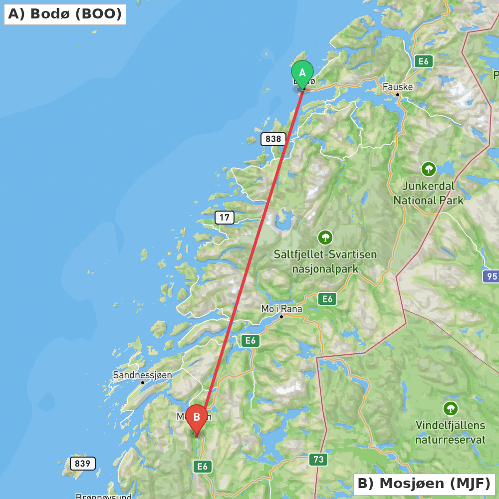 Flight route map from Bodø to Mosjøen