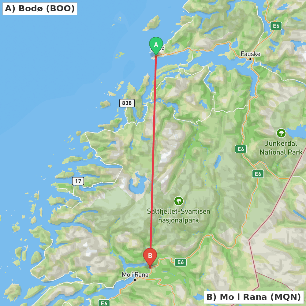 Flight route map from Bodø to Mo i Rana