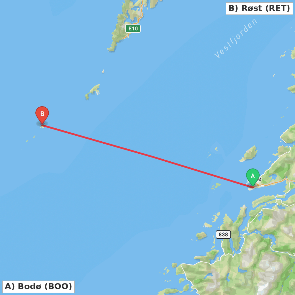 Flight route map from Bodø to Røst