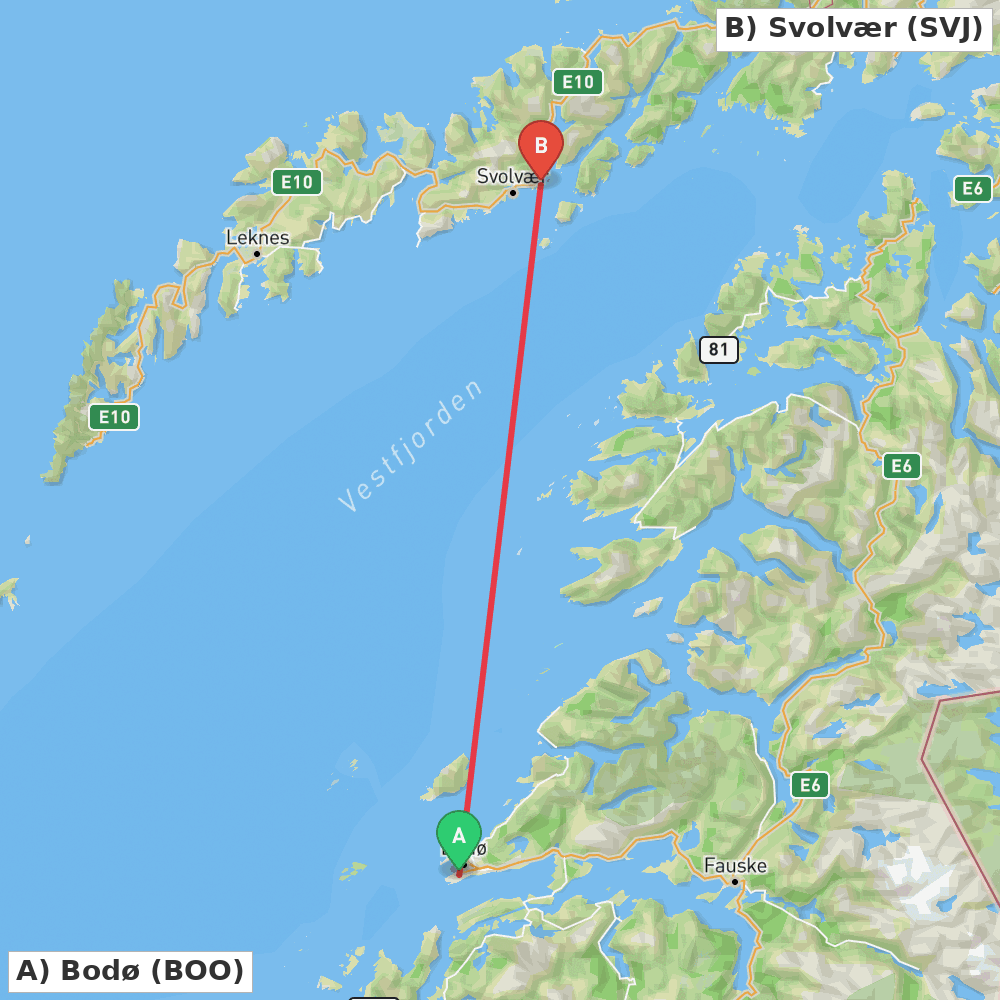 Flight route map from Bodø to Svolvær