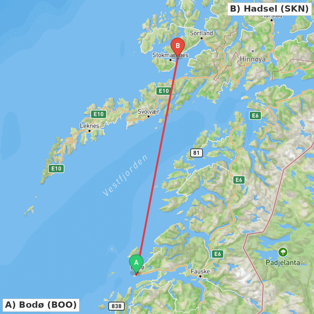 Flight route map from Bodø to Hadsel