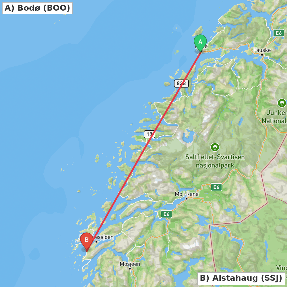 Flight route map from Bodø to Alstahaug