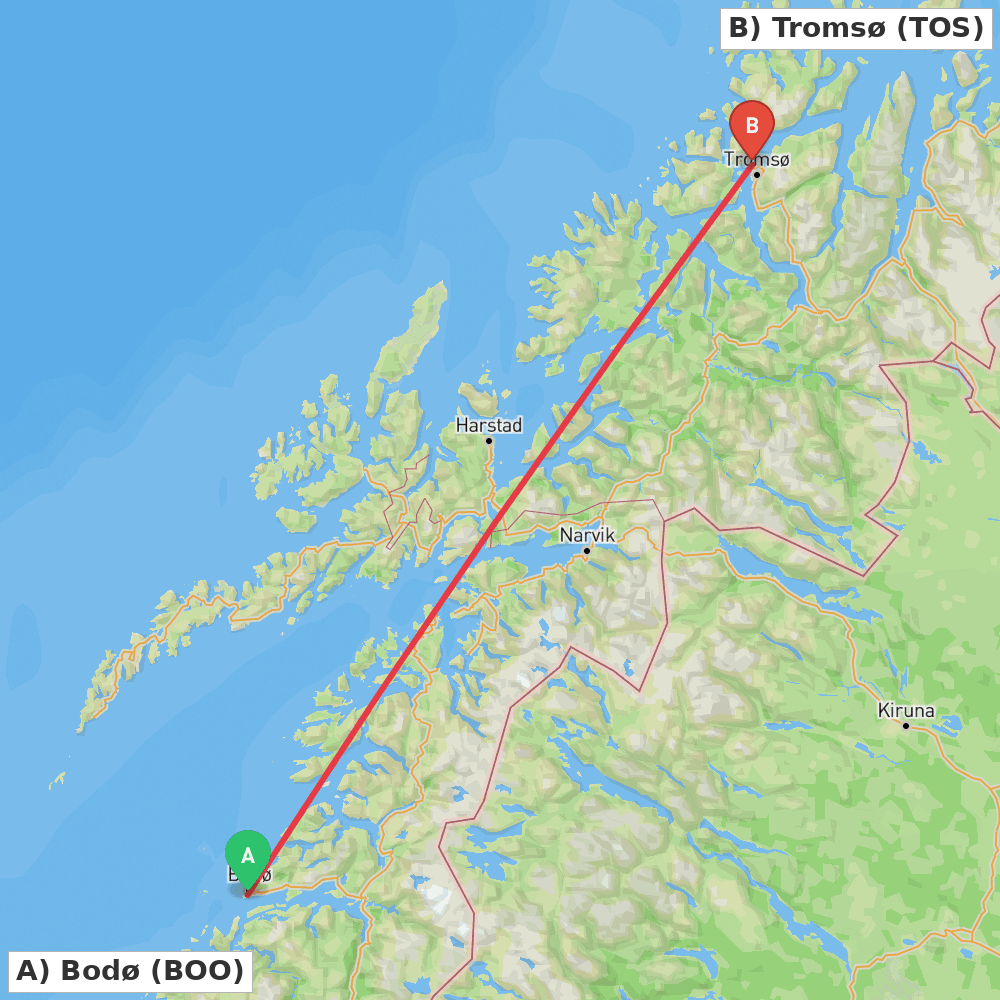 Flight route map from Bodø to Tromsø