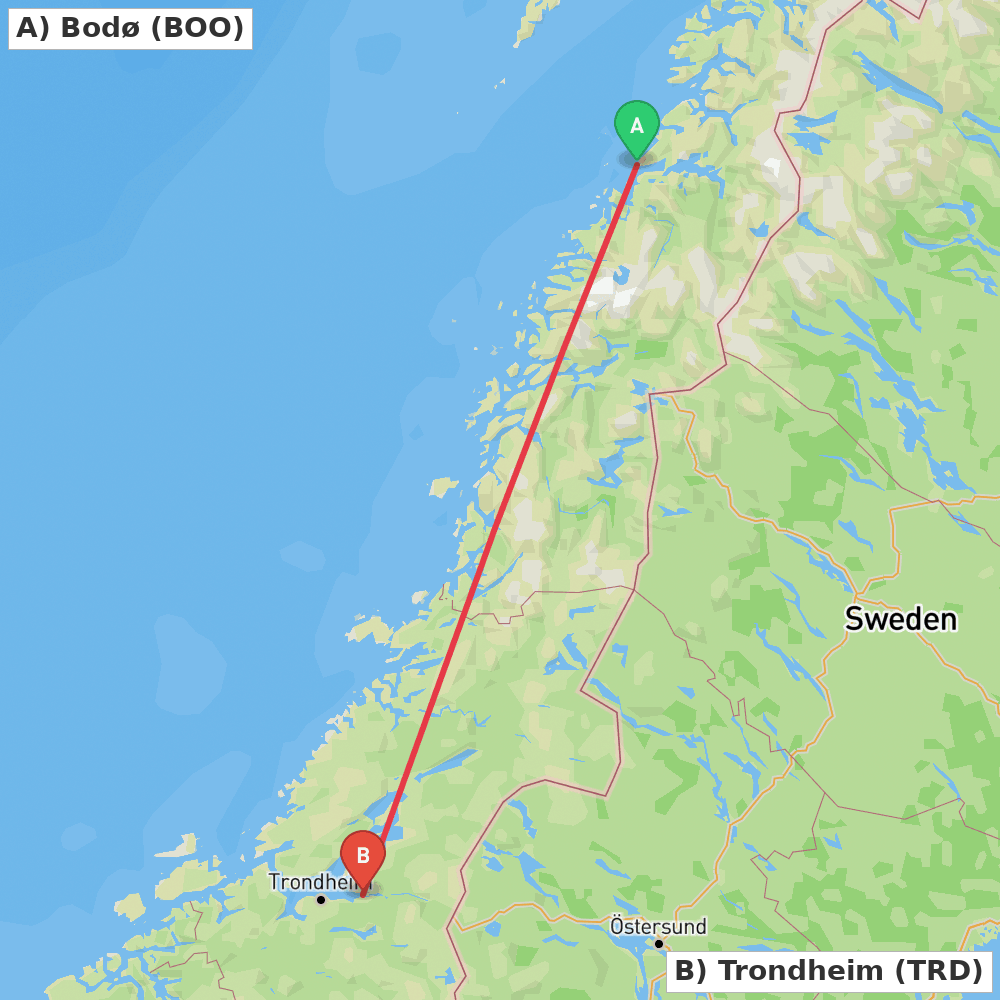 Flight route map from Bodø to Trondheim