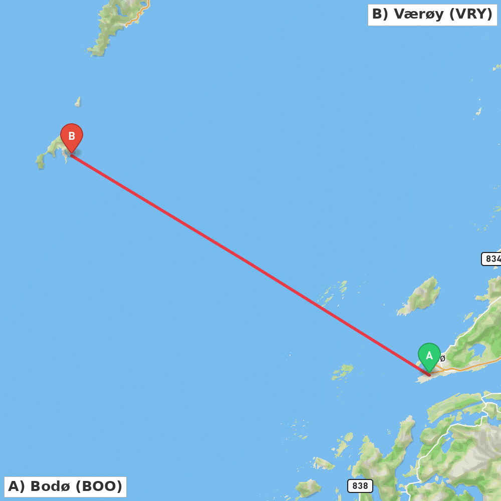 Flight route map from Bodø to Værøy