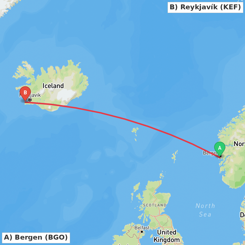 Flight route map from Bergen to Reykjavík