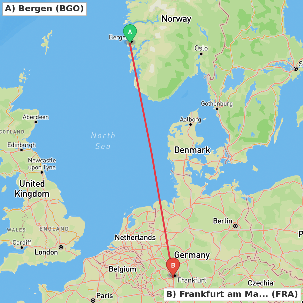 Flight route map from Bergen to Frankfurt am Main