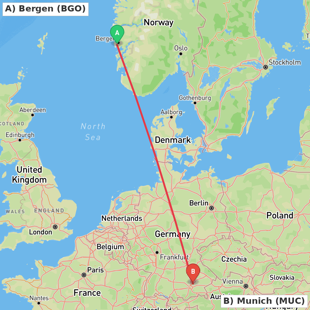 Flight route map from Bergen to Munich