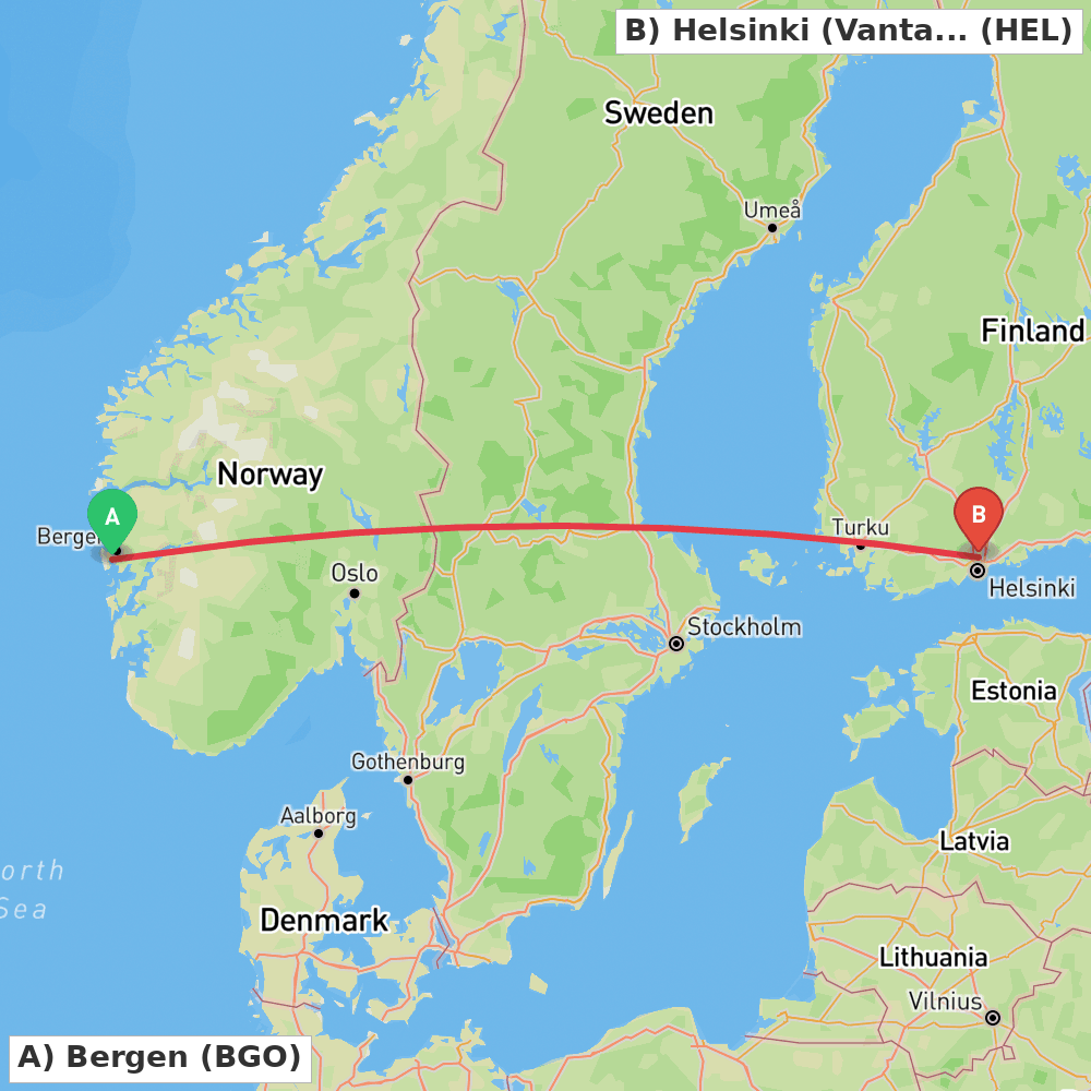 Flight route map from Bergen to Helsinki (Vantaa)