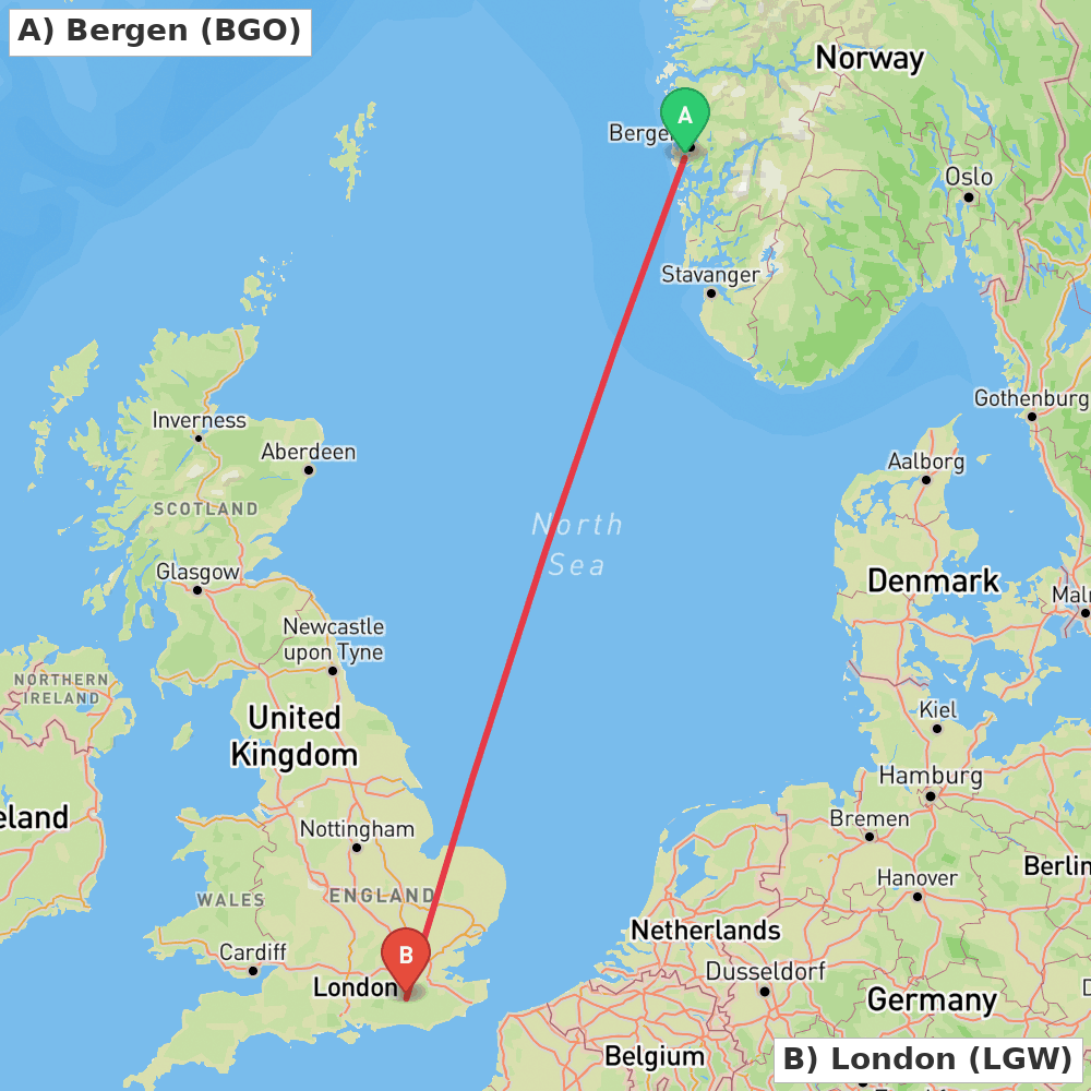 Flight route map from Bergen to London